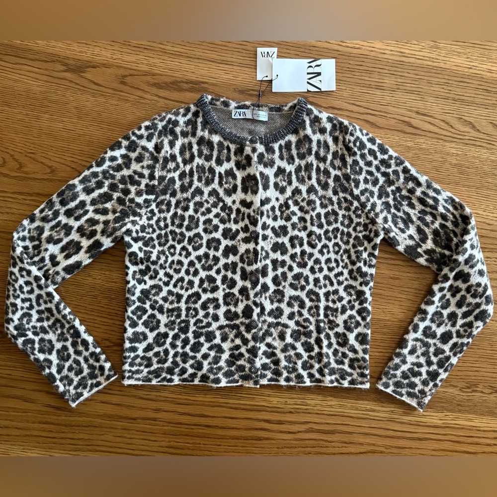 Zara ANIMAL PRINT JEWELED NECKLINE CARDIGAN